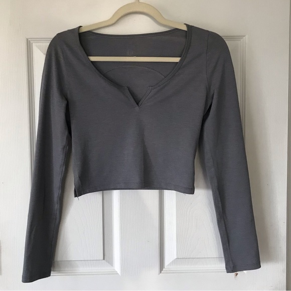 lululemon athletica Tops - Lululemon Cropped Henley Long Sleeve Heathered Asphalt Gray Crop Top